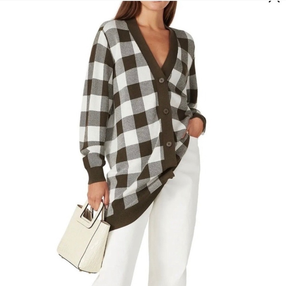 Sita Murt Olive Green & White Plaid V-Neck Tunic Cardigan Sweater Size‎ 38 / 6